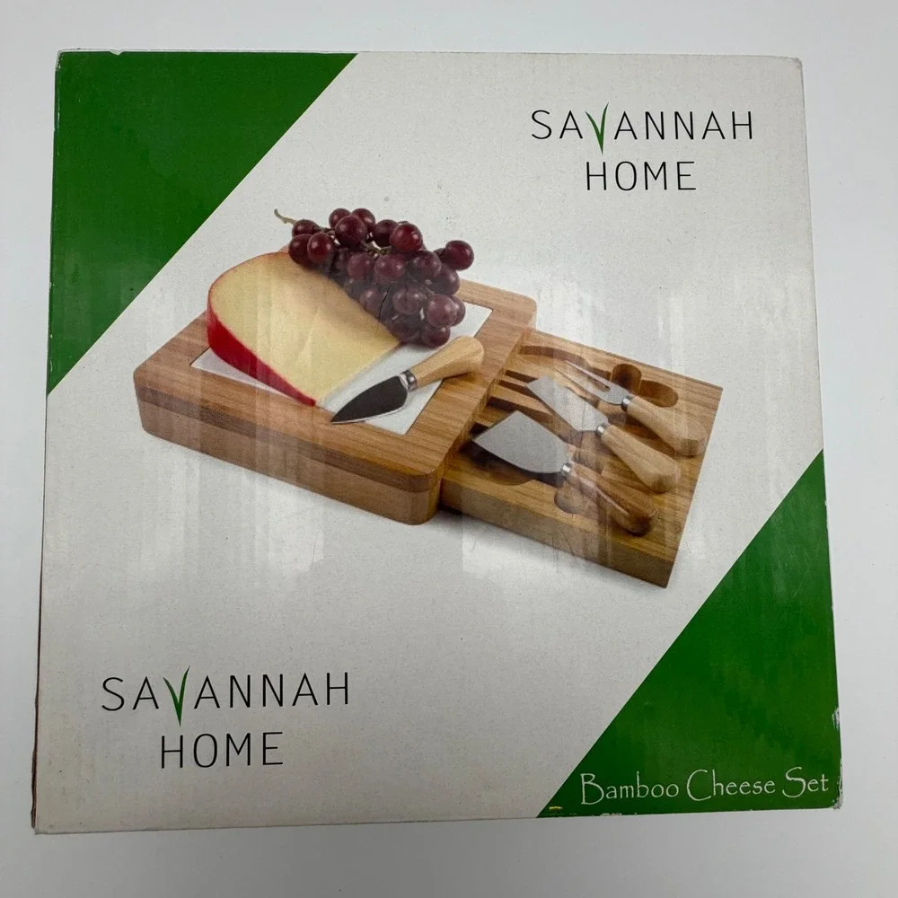 Savannah Home Bamboo Cheese Set w/ Slide‎ Out Drawer and 4 Stainless Steel Tools